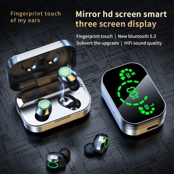 Fone de ouvido sem fio YD03 compatível com Bluetooth TWS com tela grande, visor digital inteligente e luz de respiração intra-auricular.