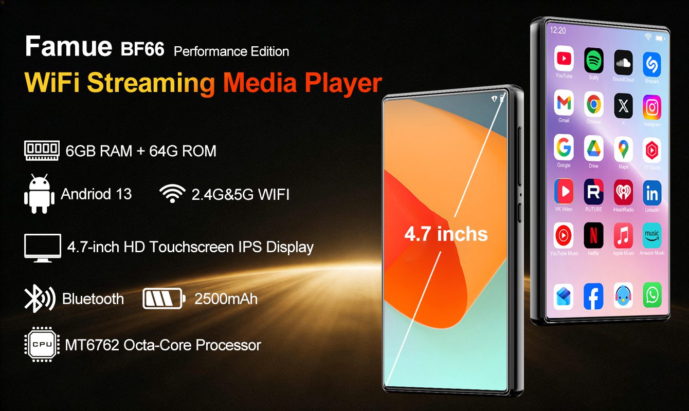 Famue 1080P HD MP3/MP4 Player com tela grande de 4,7", Android 13, 6 GB de RAM, Wi-Fi, Bluetooth, Spotify, YouTube - Imagem 8