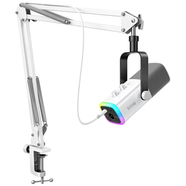 Kit de microfone para jogos FIFINE USB/XLR com entrada para fone de ouvido/RGB/braço de lança, conjunto de microfone dinâmico para PC PS5/4 Mixer AmpliGame White-AM8TW