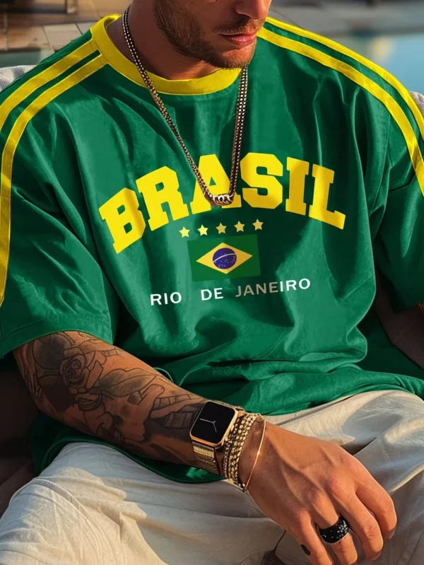 Camiseta Masculina 3D com Estampa da Bandeira Brasileira, Novo Estilo de Verão, Ideal para Treinamento ao Ar Livre, Camisa de Futebol, Versão Respirável e de Secagem Rápida