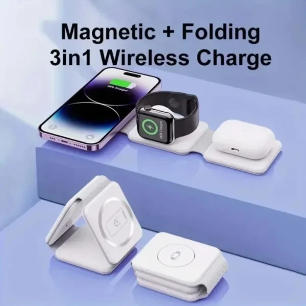 Carregador Sem Fio Dobrável 3 em 1 de Carregamento Rápido para Mesa, Compatível com iPhone 17 16 15 14 13 Pro Max, iWatch 10 9 8 7 6 e AirPods Pro 2