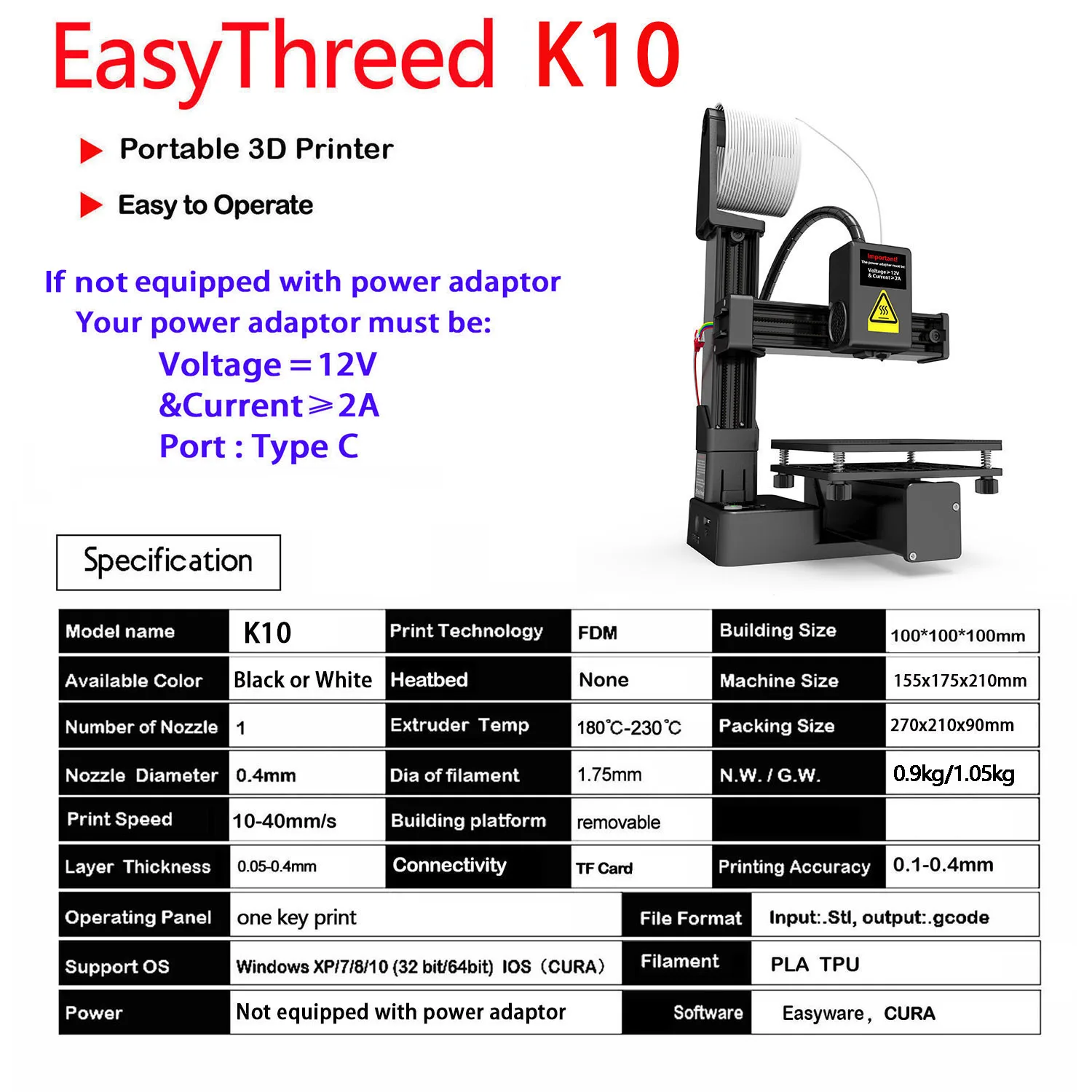 Impressora 3D, EasyThreed compatível com filamento PLA TPU de 1,75 mm inclui adaptador de alimentação. - Imagem 3