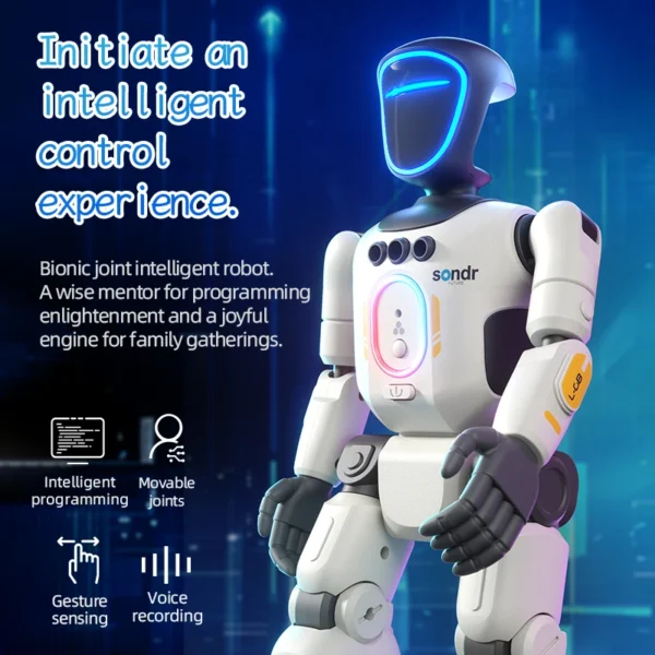 Robô Humanoide Inteligente com Programação, Controle Remoto por Gestos, 2.4G, Mobilidade Articulada, Luz de Respiração e Função de Gravação
