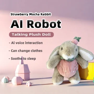 Robô AI Coelho Mocha Morango: Boneco de Pelúcia Falante com Seleção de Vozes de Múltiplos Personagens, Brinquedo Educacional para Aprendizagem de Idiomas