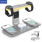 Carregador Sem Fio Dobrável Domars 5 em 1 com Luz Noturna Táctil, Relógio, Temperatura e Umidade para iPhone, Watch, AirPods, Estação de Carregamento para Viagem
