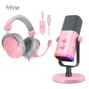 Kit de fone de ouvido e microfone para streaming de jogos FIFINE com botão de ganho/RGB/monitor, para PC/MAC/PS4/PS5/Mixer/YouTube/Steam-AM8TP/H9P